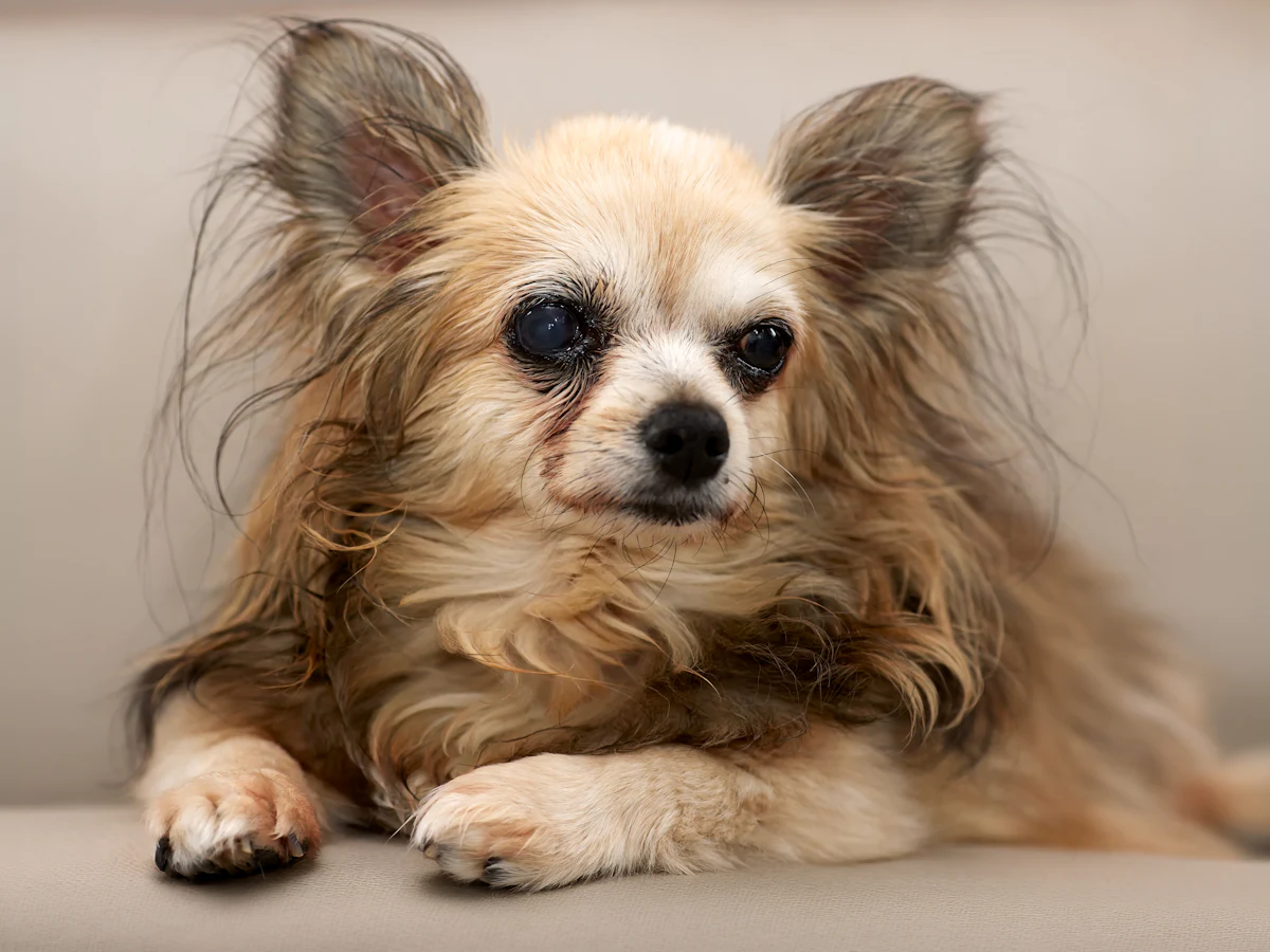 A long-haired chihuahua resting on a couch